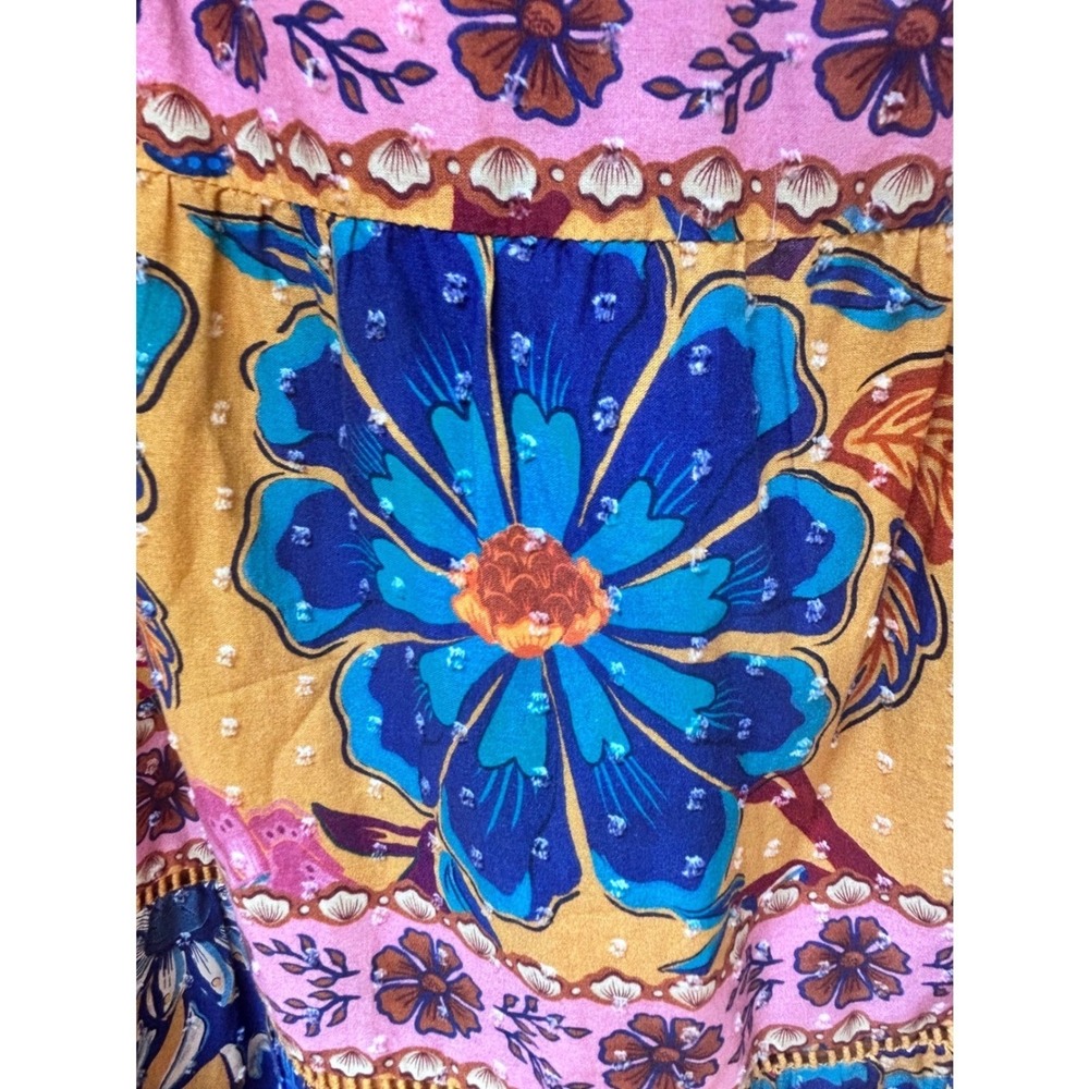 Farm Rio Yellow Floral Tiered Maxi Skirt Clip Dot Boho Crochet Trim Womens M - Picture 5 of 10